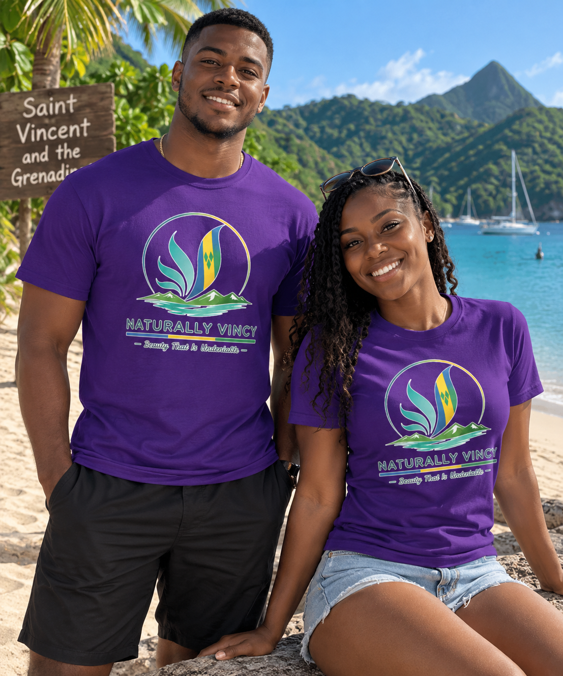 Man and woman wearing Naturally Vincy purple T-shirts in St. Vincent and the Grenadines